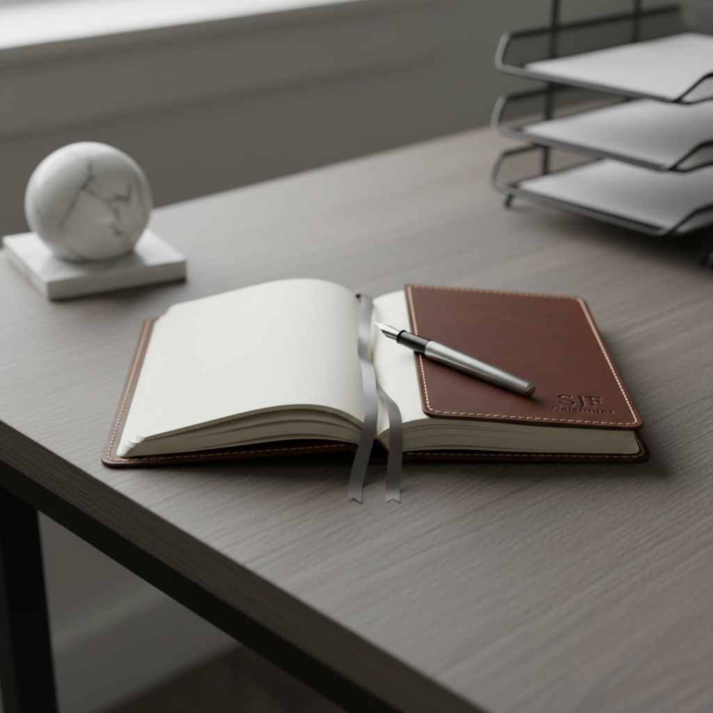 An elegant, hand-bound leather notebook with fine stitching and a satin gray ribbon bookmark, open to a blank page. The notebook is placed centrally on a structured wooden desk with cool, neutral tones and a single, sophisticated silver pen resting diagonally atop it. The background reveals minimal office accessories – a marble paperweight and a charcoal-colored document tray – positioned for balance but kept softly out of focus. Bathed in soft, indirect natural light from a side-placed window, the scene features gentle highlights and defined shadows that add depth without distraction. Captured with a shallow depth of field and minimalist composition, the atmosphere is polished, organized, and authentically professional, echoing the full-service ceremony planning for SJF Celebrant.